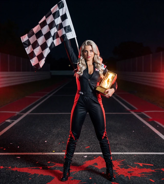 Model Lara mit Zielflagge und Jackpot-Troph&auml;e - 1Go Casino Spielbibliothek 7.000 Spiele