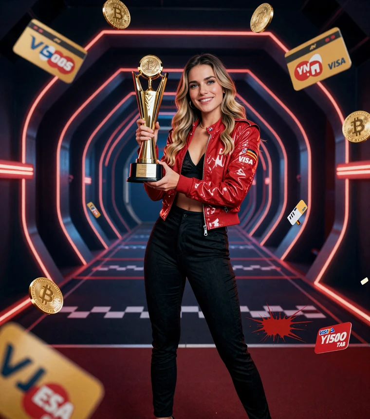 Glamour&ouml;se Siegerin mit Pokal, Jackpot-Truhe und Payment-Badges im 1Go Casino Zahlungs-Hero
