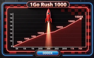 1Go Rush 1000 Crash Game exklusiv bei 1Go Casino mit roter Rakete und Multiplikator-Kurve