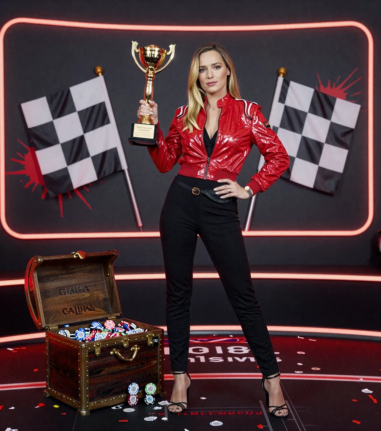 Gewinnerin mit Jackpot-Pokal und Bonus-Truhe am Zielstrich f&uuml;r den 1Go Casino Bonus